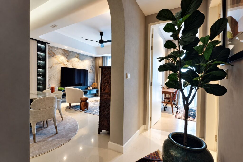 Residential walkway interior at Amörä Essence, ViiA Residences in KL Eco City, Kuala Lumpur.