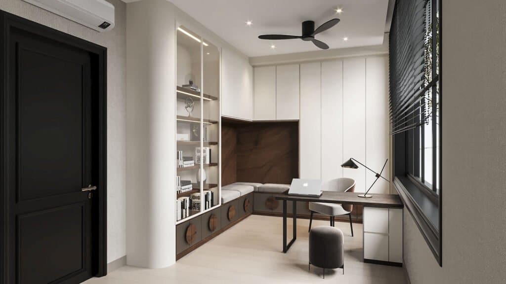 Sleek modern home office with built-in shelves and ergonomic workspace design.