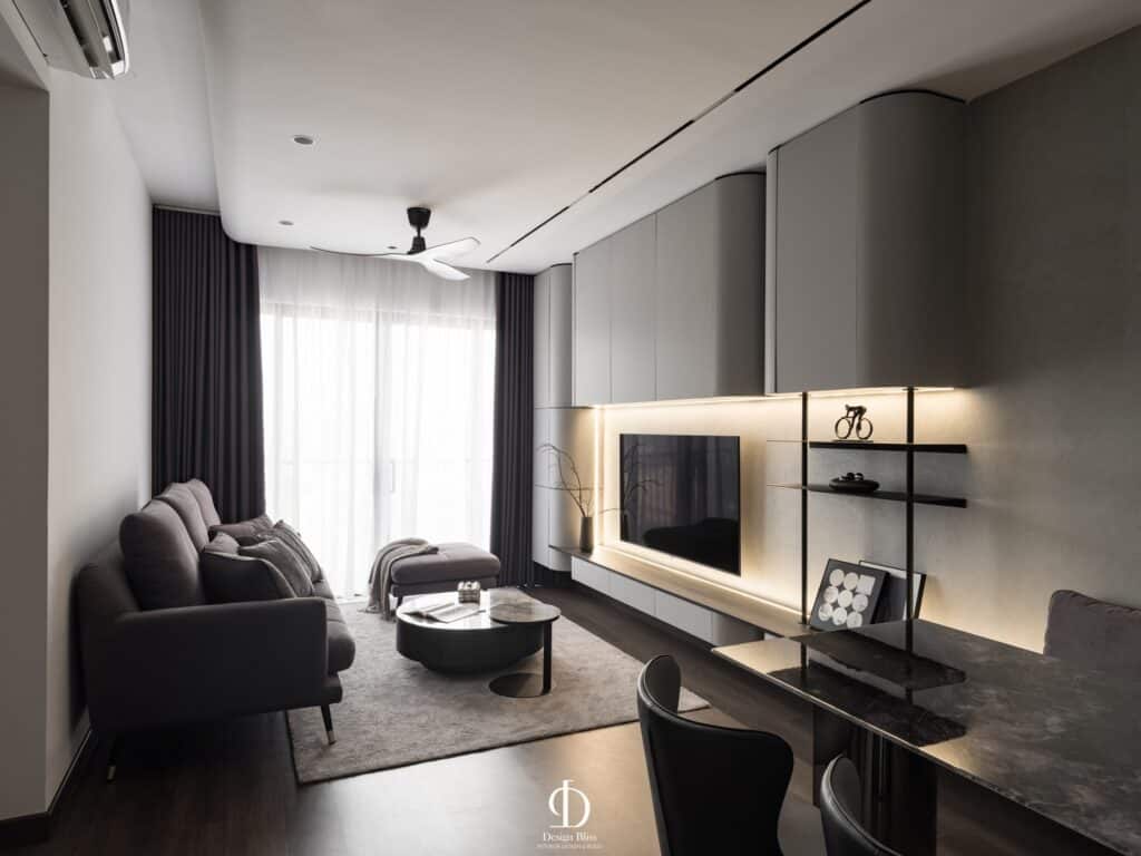 Sleek modern living room with minimalist decor and ambient lighting.