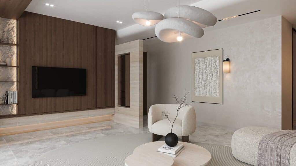 Elegant modern living room with minimalist furniture and neutral tones, showcasing contemporary interior design.