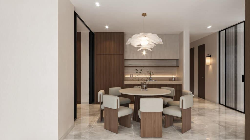 Contemporary dining area with round table, beige chairs, modern lighting, and minimalist design.