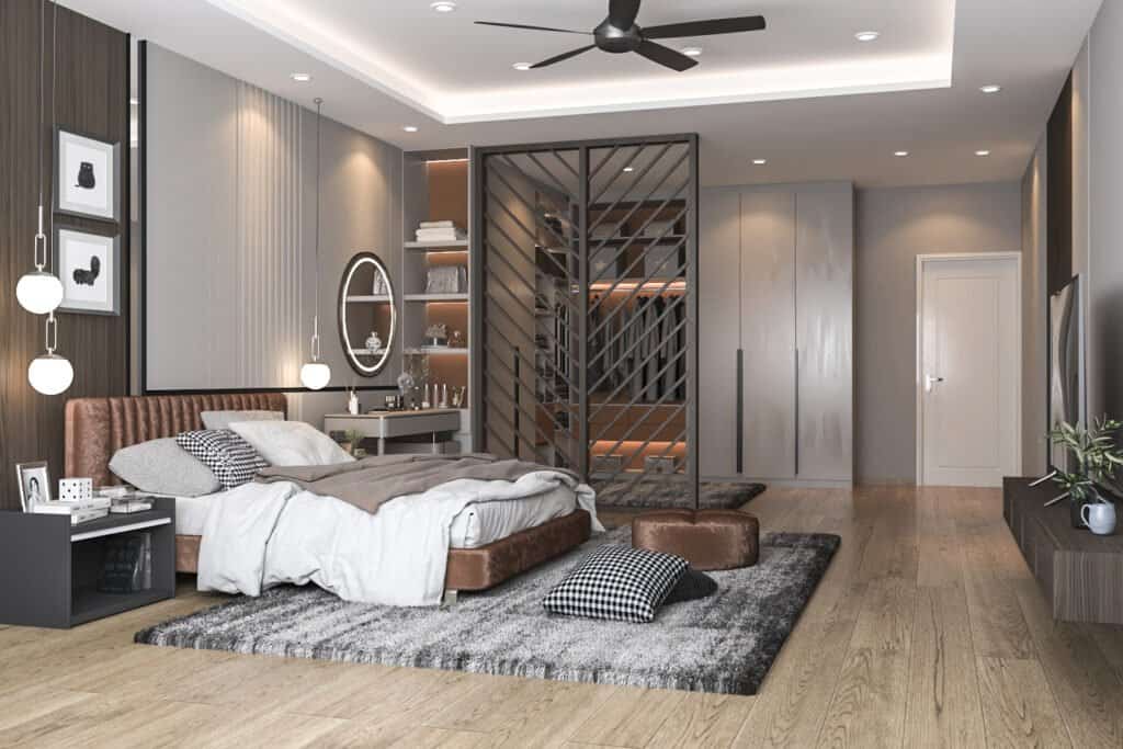 Modern bedroom interior design with stylish furnishings and wooden accents for contemporary living.