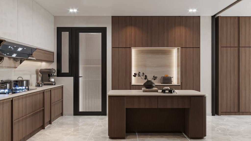 Sleek modern kitchen with wooden cabinetry and minimalist design, featuring an island and integrated appliances.