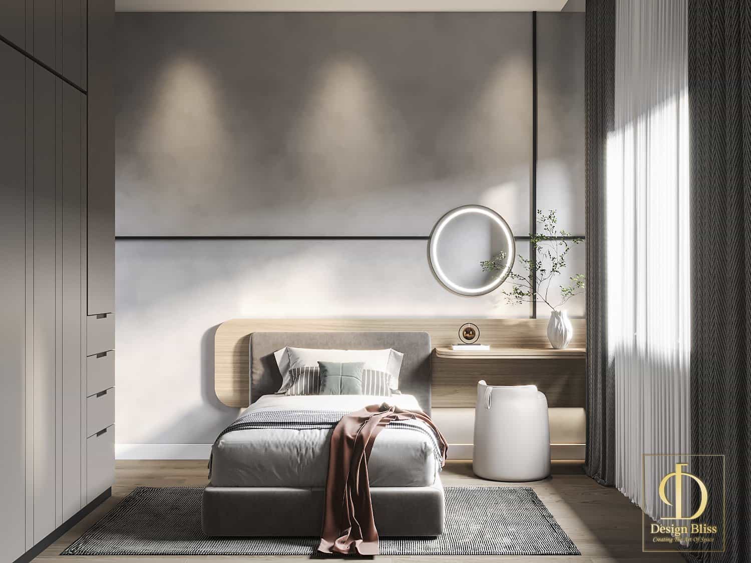 Modern minimalist bedroom with sleek furniture and ambient lighting for stylish interior design.