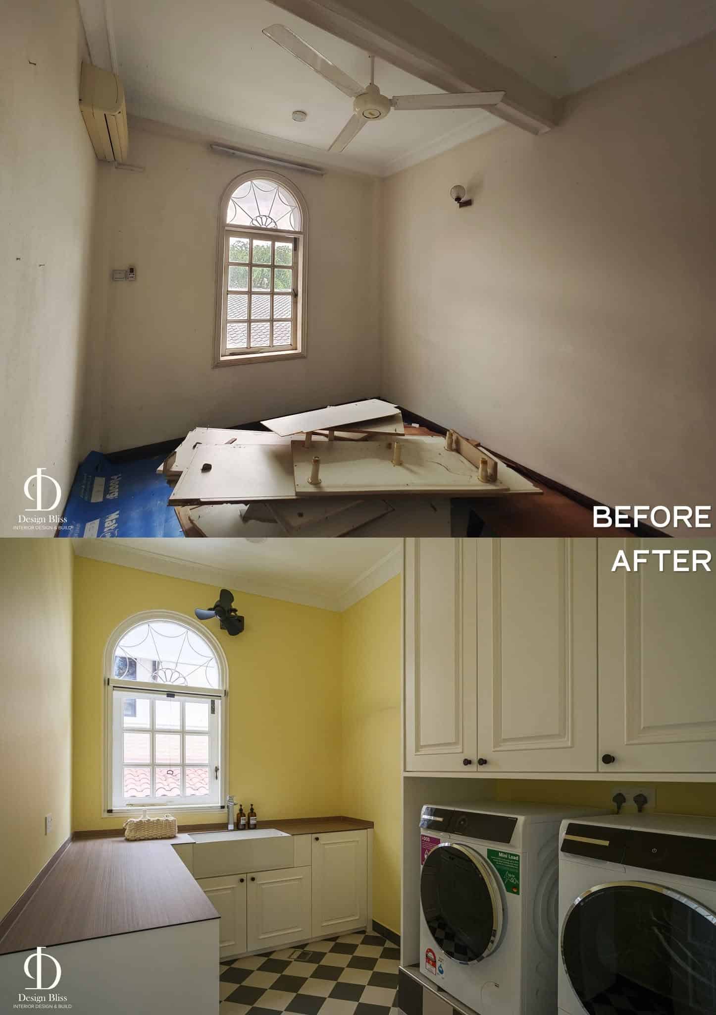 Before-and-after transformation of the Véra Maison laundry room