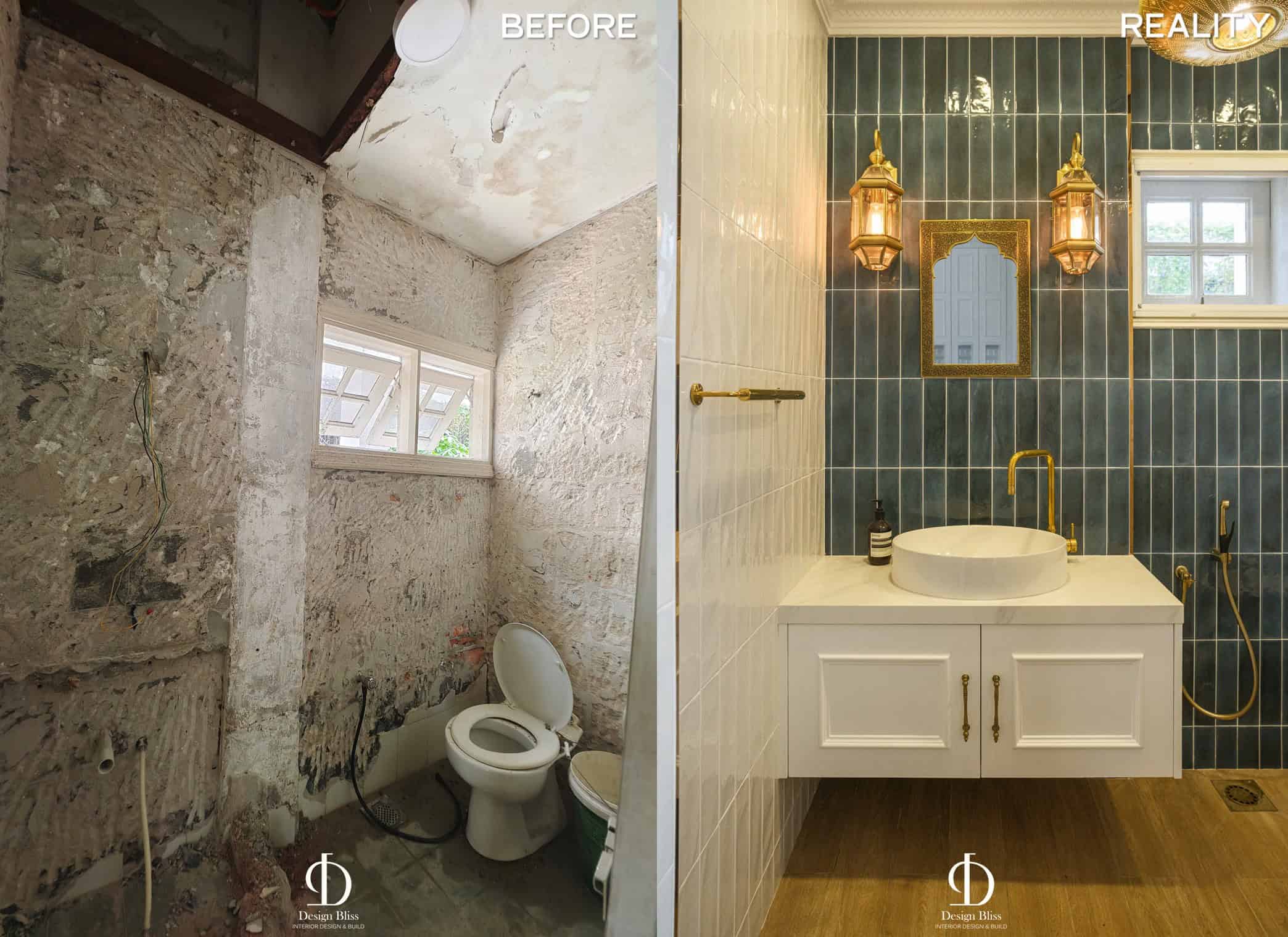Before-and-after transformation of a Véra Maison blue-tile bathroom