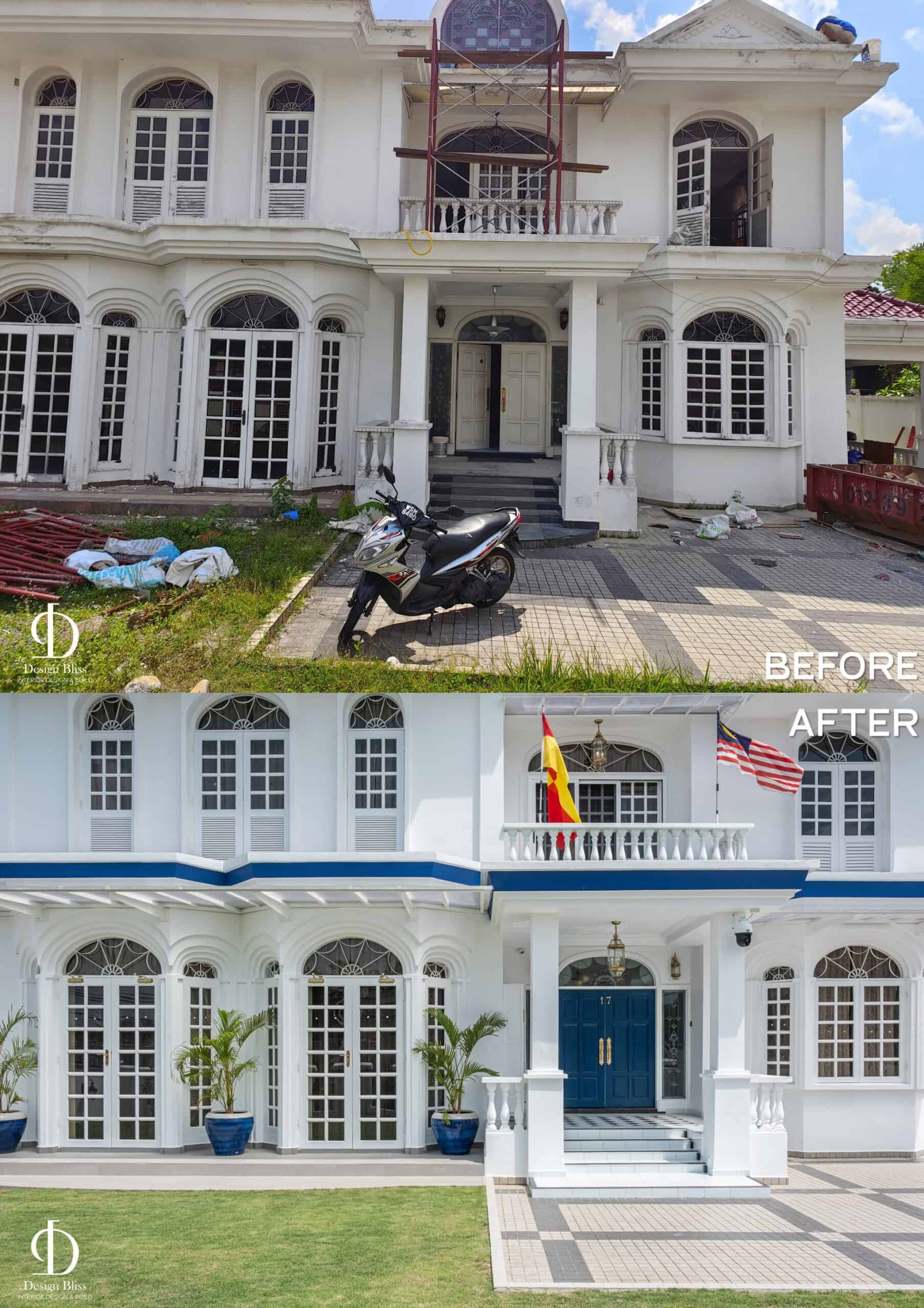 Before-and-after transformation of the Véra Maison luxury bungalow façade in Malaysia