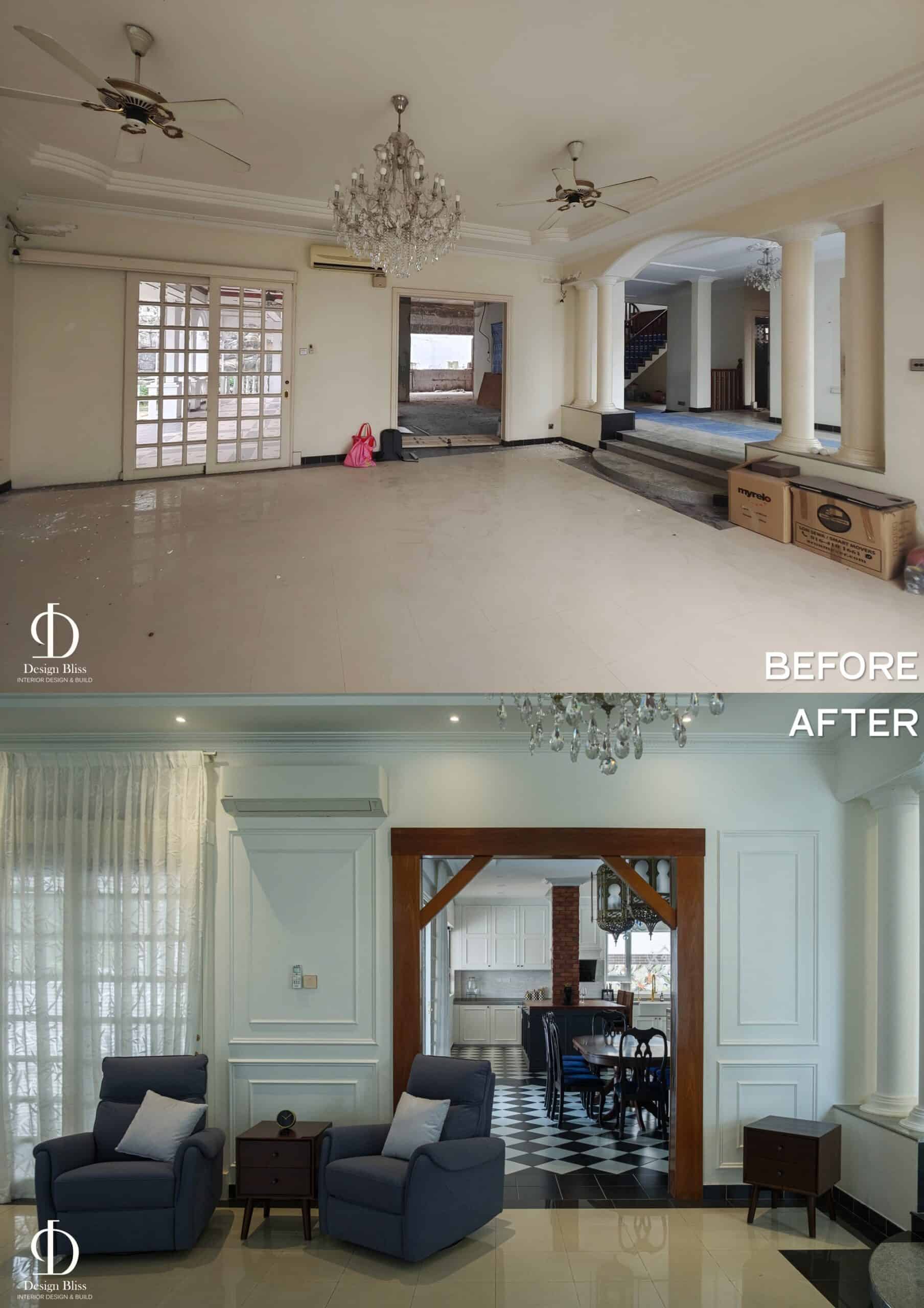 Before-and-after transformation of the Véra Maison formal living room by Design Bliss Malaysia