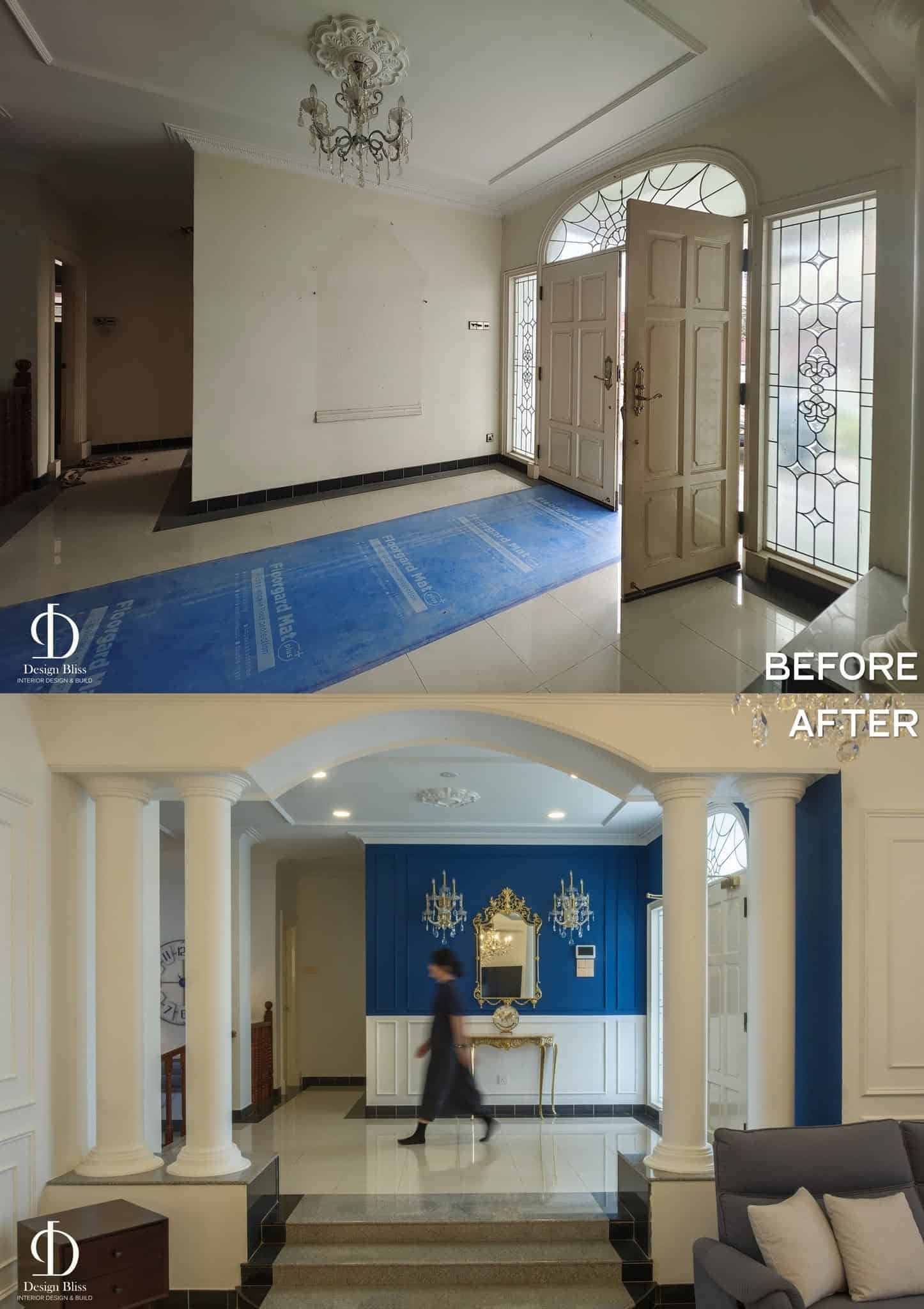 Before-and-after view of the Véra Maison formal living and foyer transformation