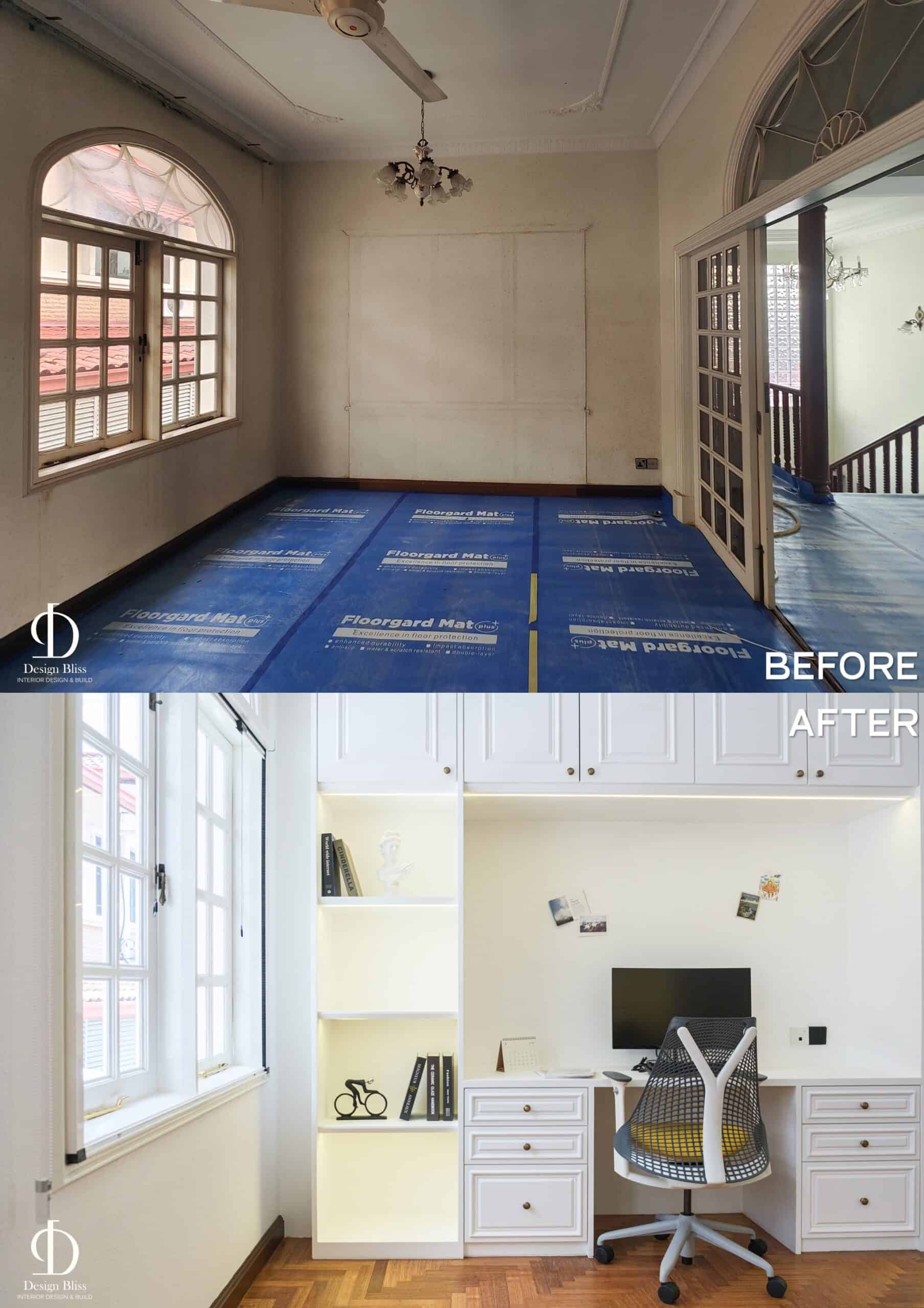 Before-and-after transformation of a Véra Maison bedroom study and home-office area