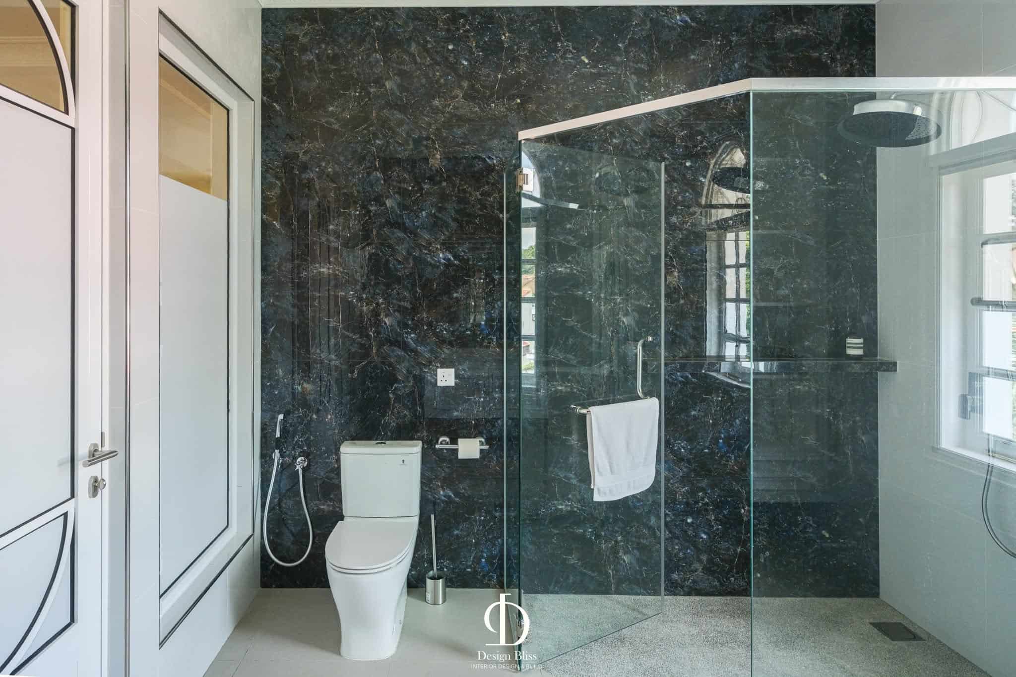 Véra Maison contemporary classic bathroom with dark marble walls and glass shower enclosure