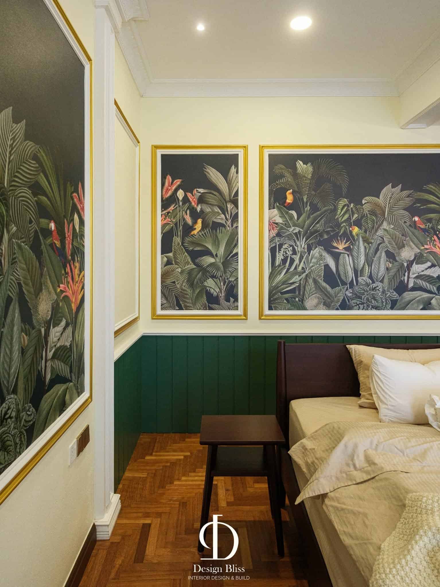 Véra Maison contemporary classic bedroom with green panelling and framed tropical artwork