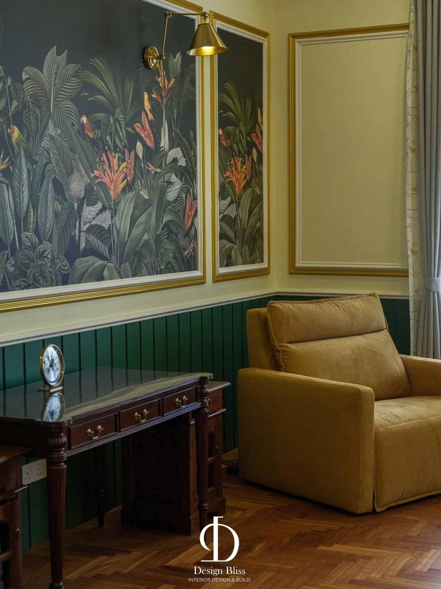 Véra Maison master bedroom reading corner with tropical artwork and warm lighting