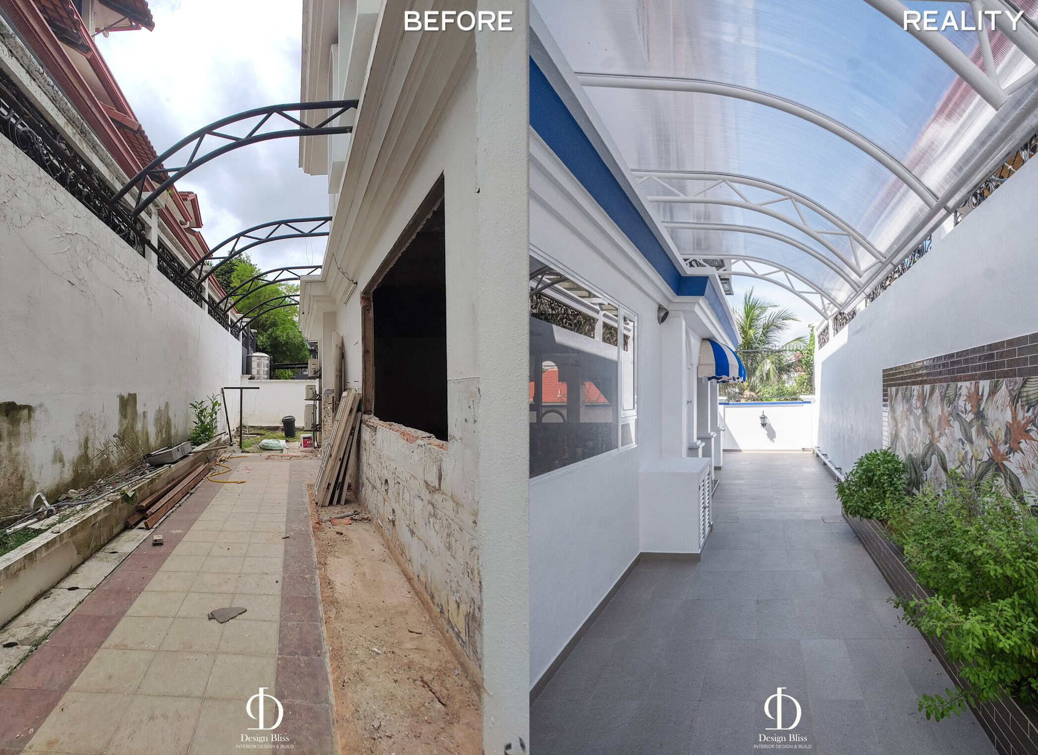 Before-and-after renovation of the sheltered Véra Maison bungalow side passage